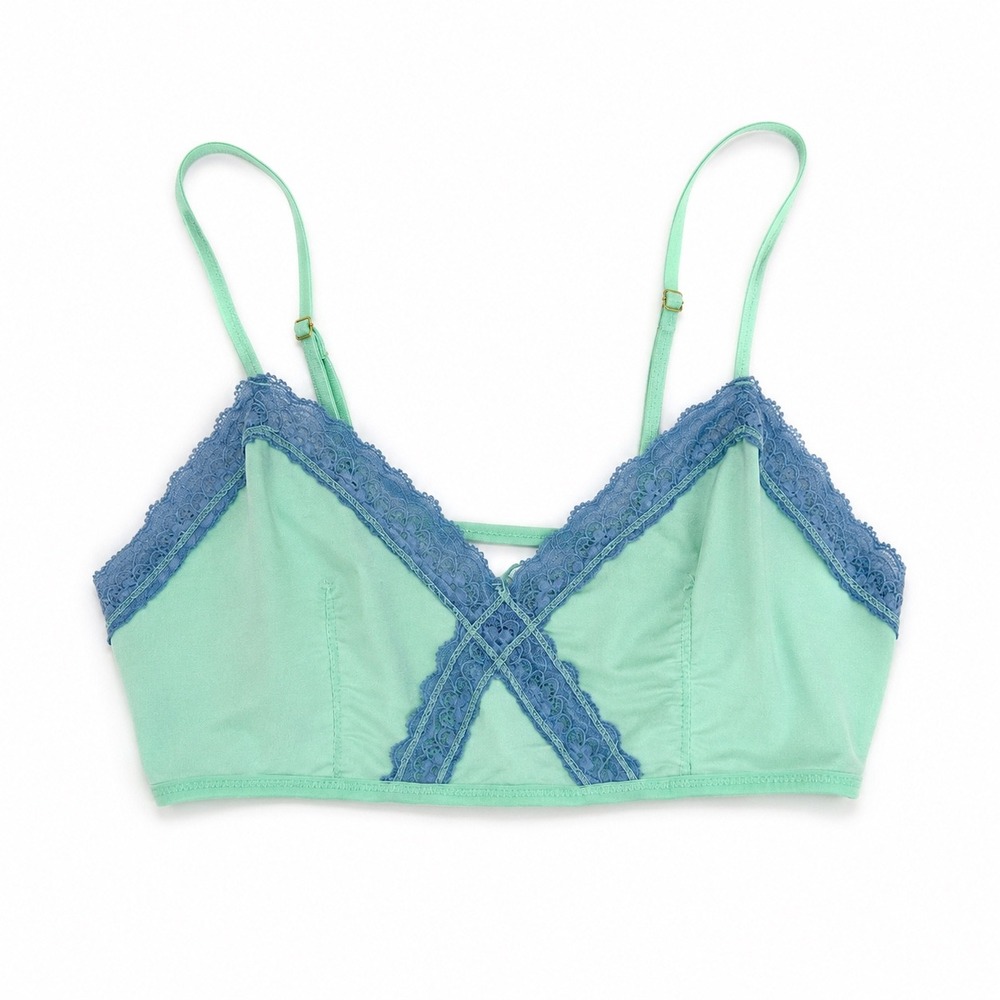Intimately Free People Bralette Womens XS Mint Green Blue Lace Trim Heart Straps